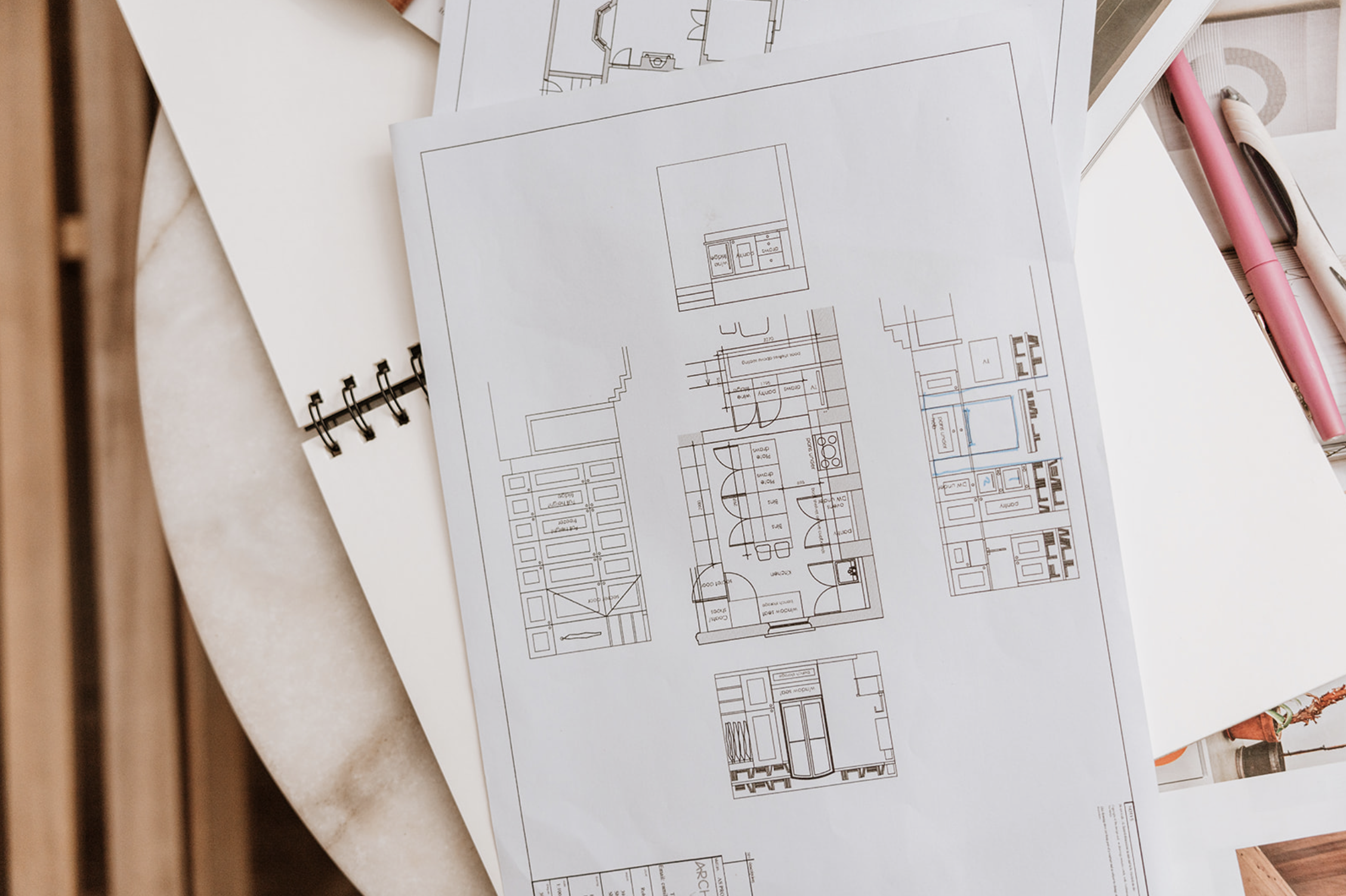 Architecture Ventures kitchen plan and elevations showing cabinetry, appliance positions and larder layout