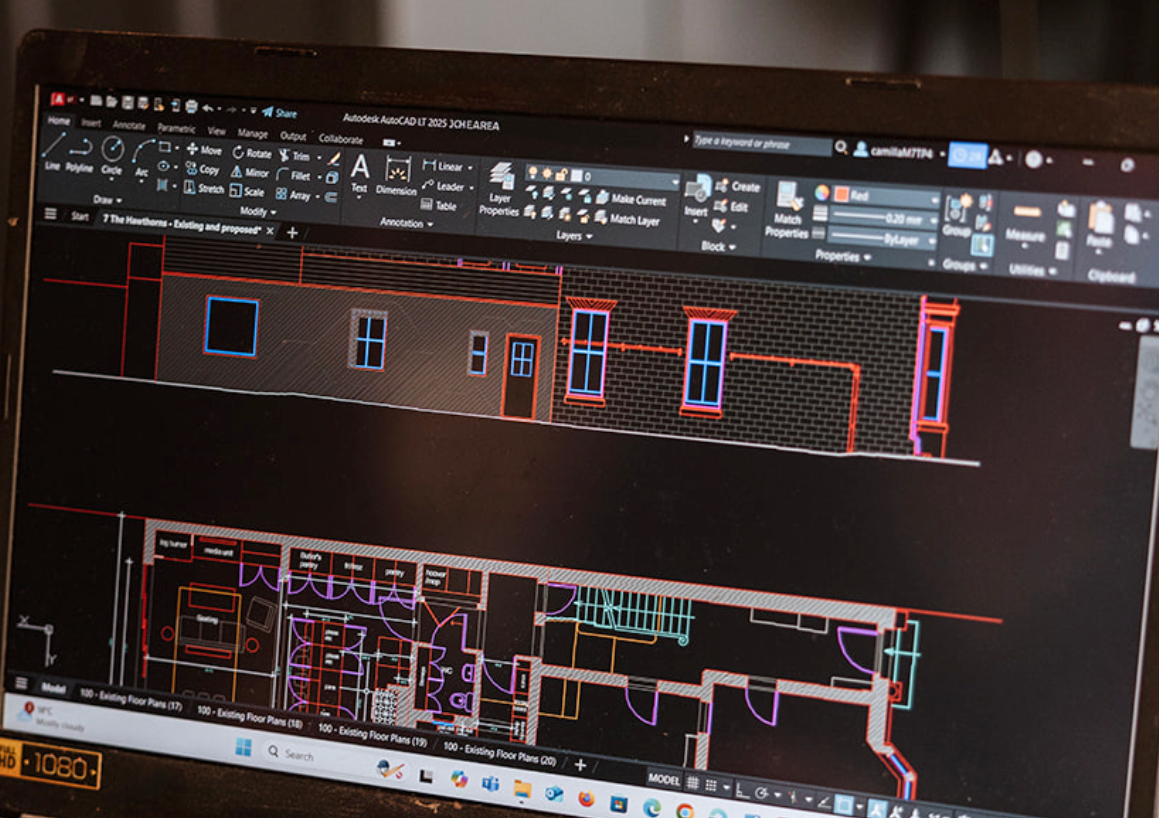 AutoCAD drawing file titled Existing and proposed, showing an elevation and a ground-floor plan of a house side by side