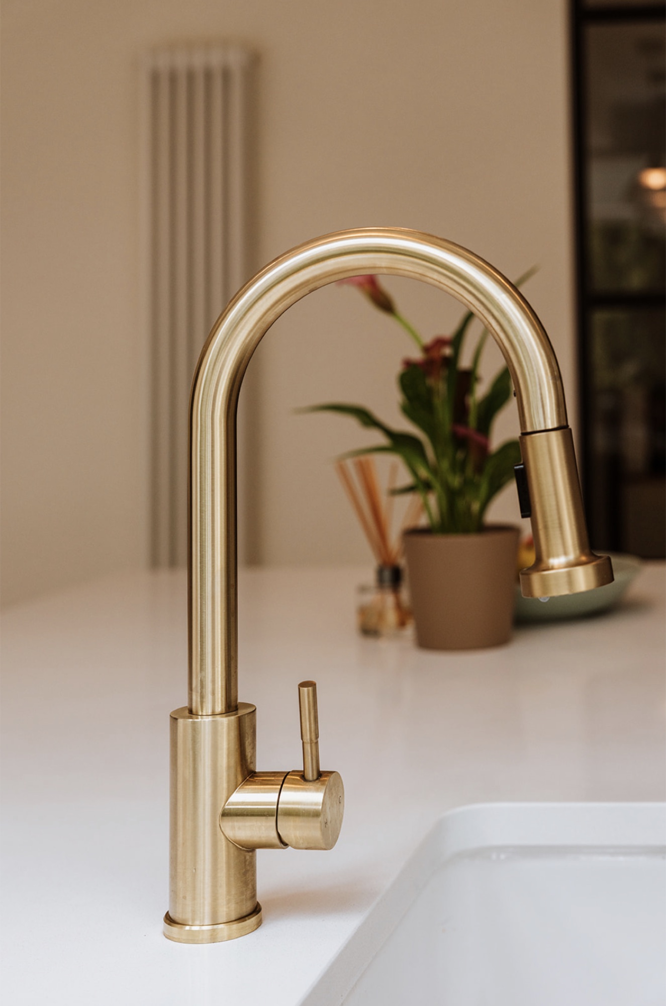 Close view of the brushed brass kitchen tap