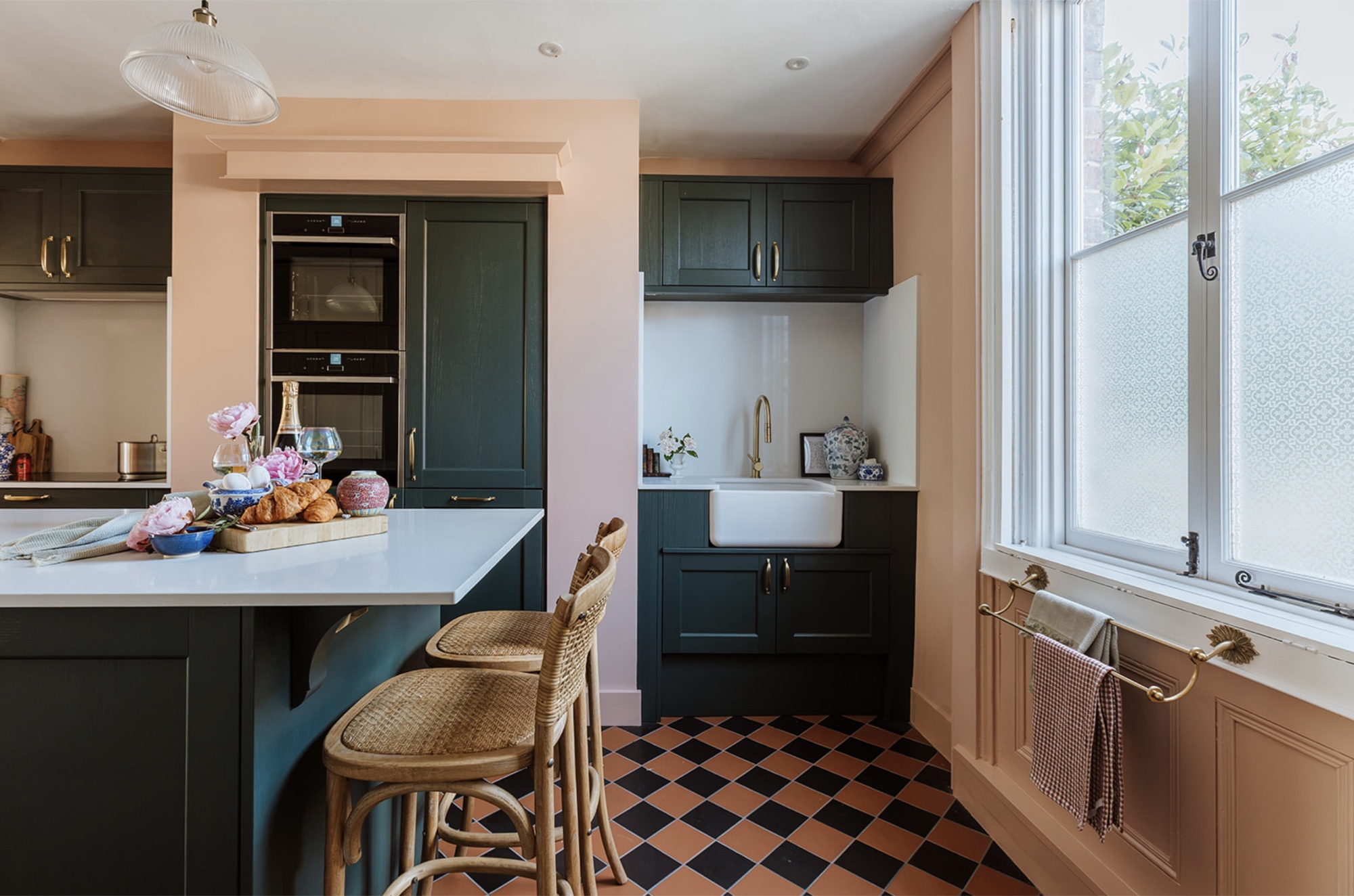 Wide view across the Oak Street kitchen towards the dining room