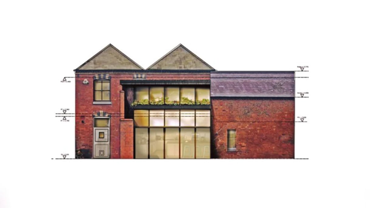 Proposed rear elevation drawing of Oakleigh House showing the new glazed extension and zinc-clad upper storey against the retained Victorian brickwork
